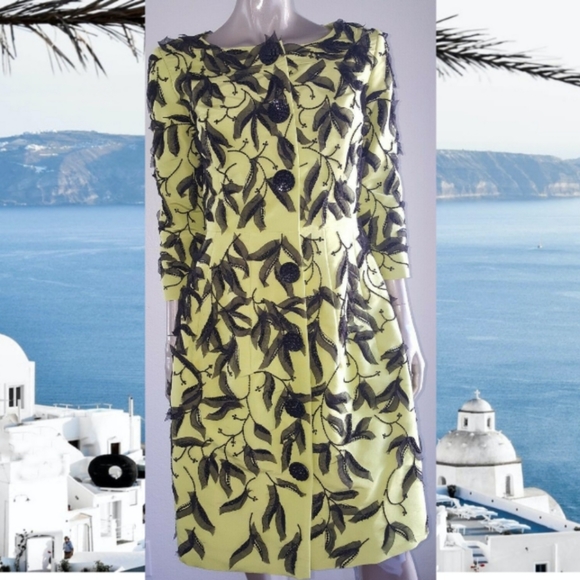 *$7,000 OSCAR DE LA RENTA EXQUISITE GREEN SILK BEAD LEAF RUNWAY COAT 4 - Picture 5 of 13